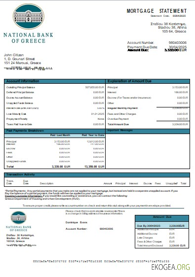 Grèce Banque nationale de Grèce relevé d'hypothèque bancaire scr